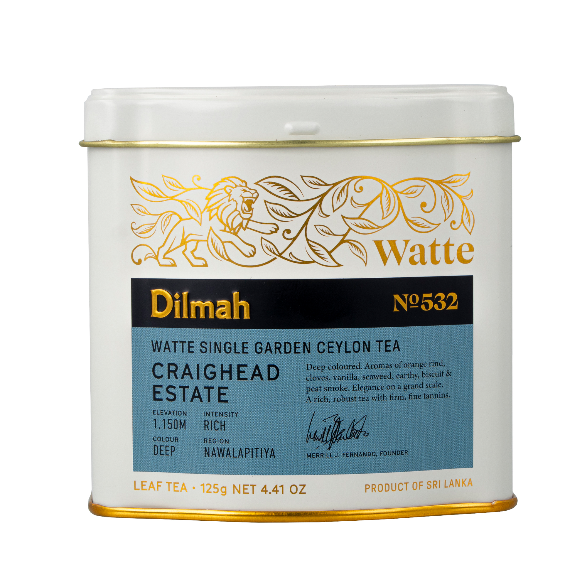 White and gold tin caddy of Dilmah Watte Single Garden Ceylon black tea, 125g, with blue label and lion design