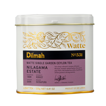 Dilmah Watte Nilagama Estate Ceylon black leaf tea tin caddy, white with gold and purple label, 125g net weight