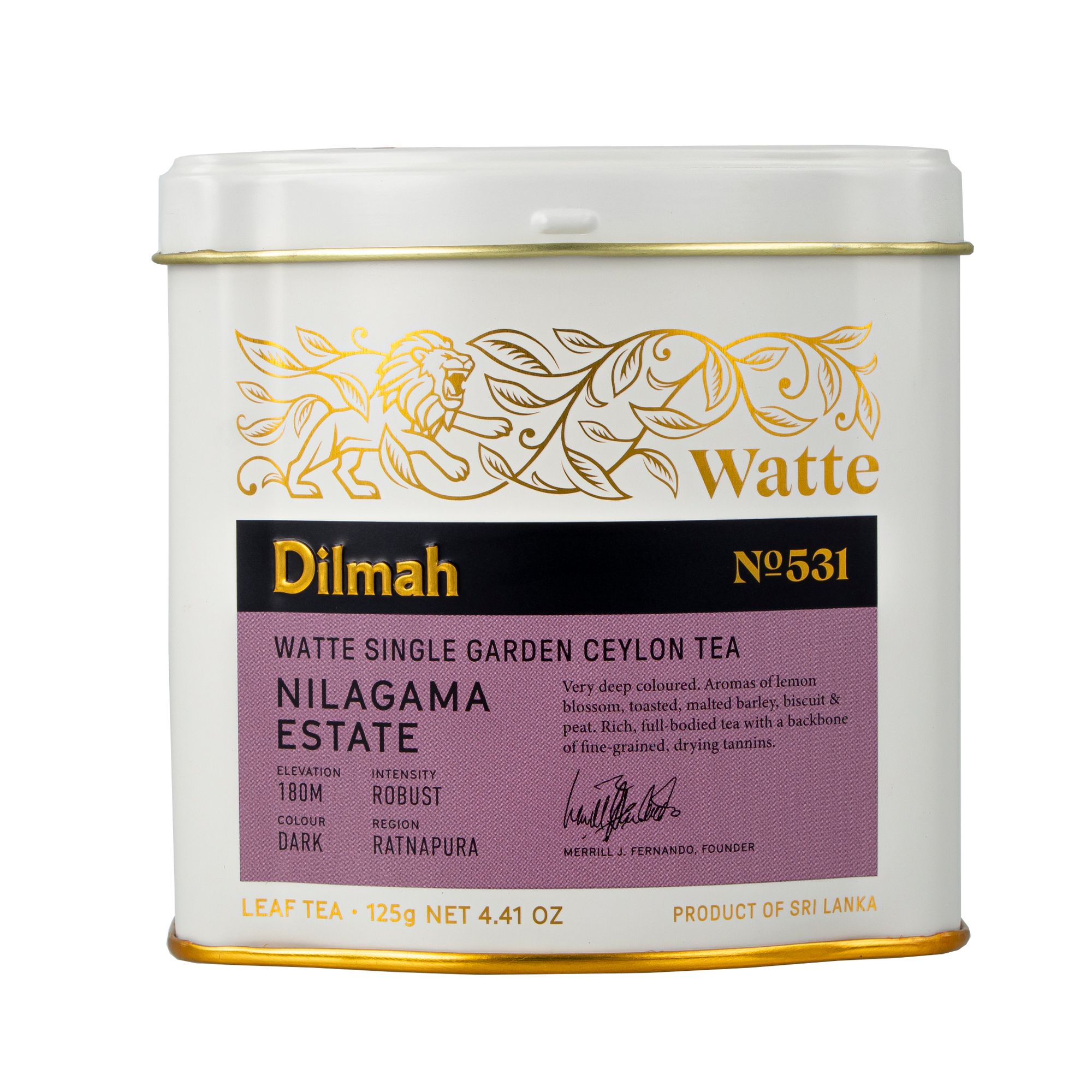 Dilmah Watte Nilagama Estate Ceylon black leaf tea tin caddy, white with gold and purple label, 125g net weight