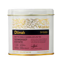 White and gold tin caddy of Dilmah Watte Somerset Estate Ceylon black leaf tea, 125g, with pink label and gold lion design