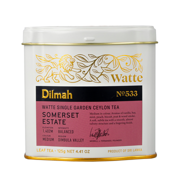 White and gold tin caddy of Dilmah Watte Somerset Estate Ceylon black leaf tea, 125g, with pink label and gold lion design